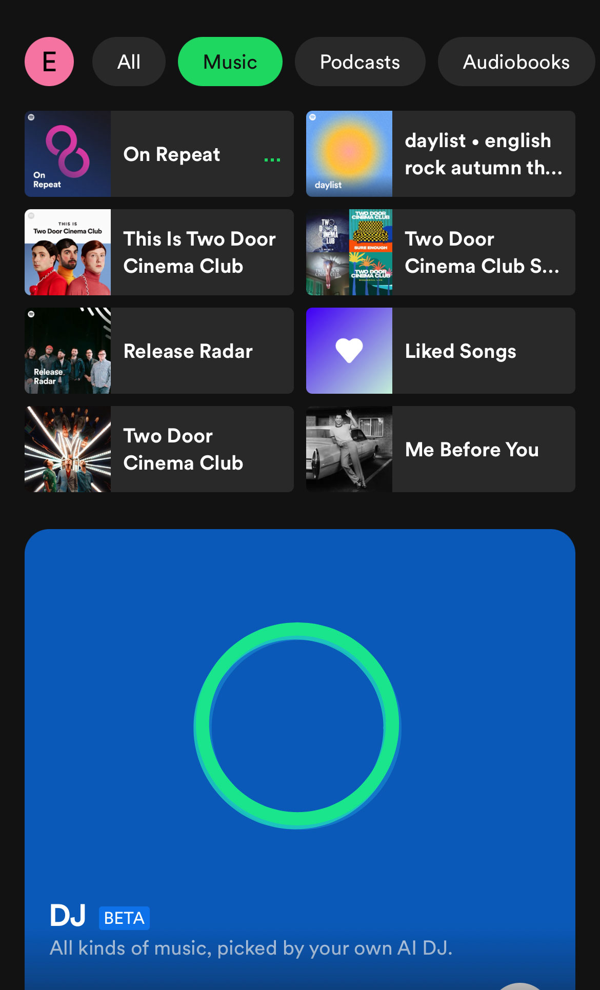 This is a screenshot of Spotify's mobile home page. 