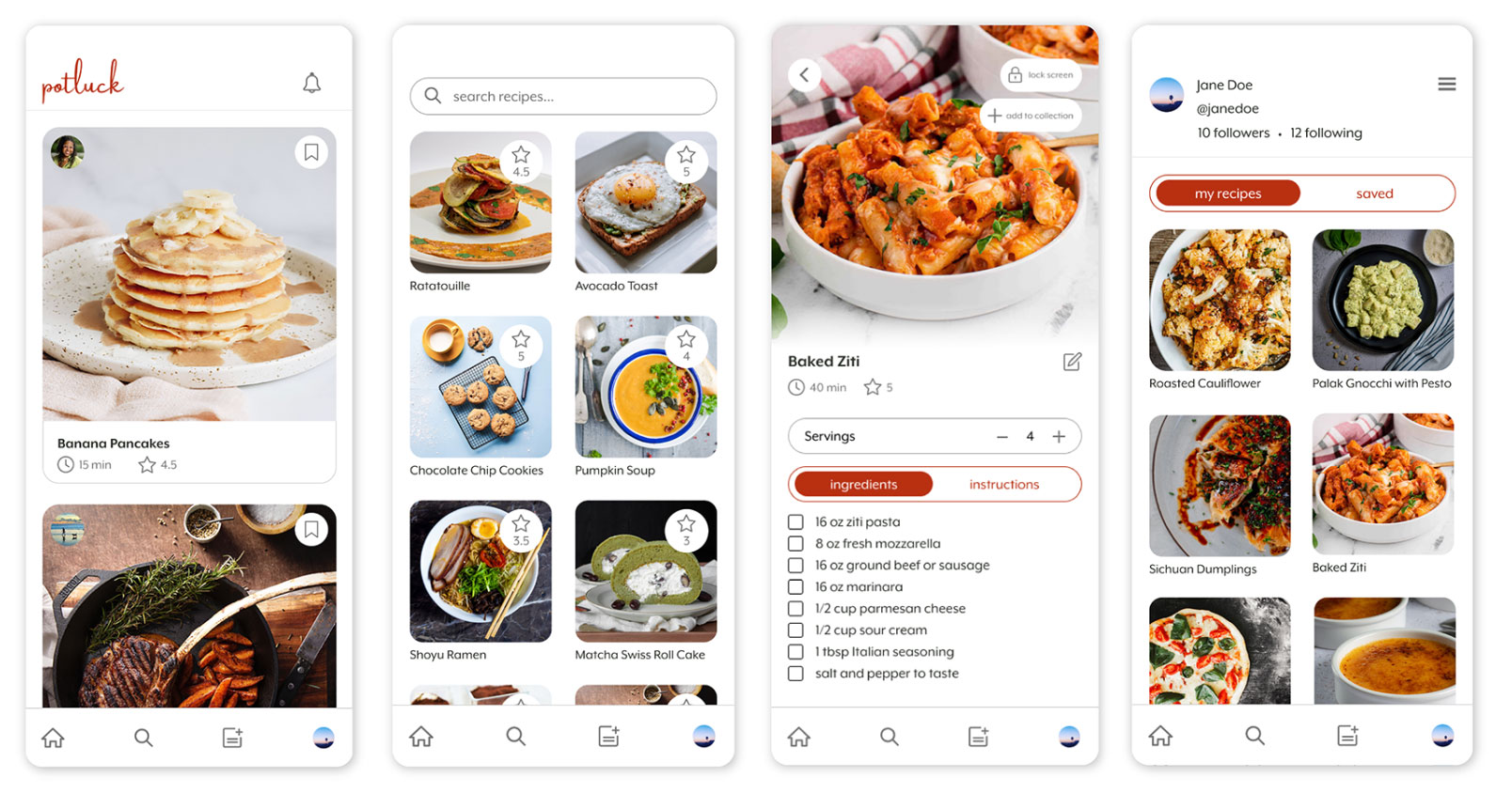 Screenshot of a recipe sharing mobile app. 