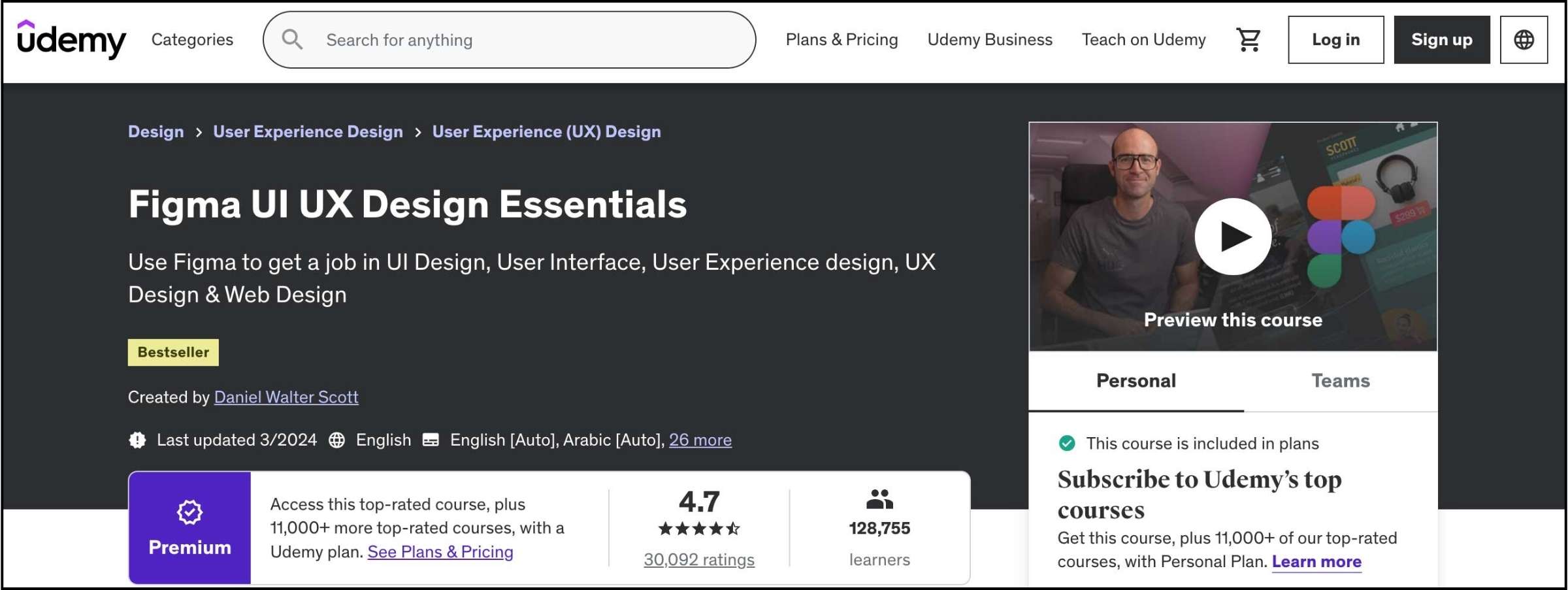 Screenshot of landing page for Udemy's Figma UX/UI Design Essentials course. 