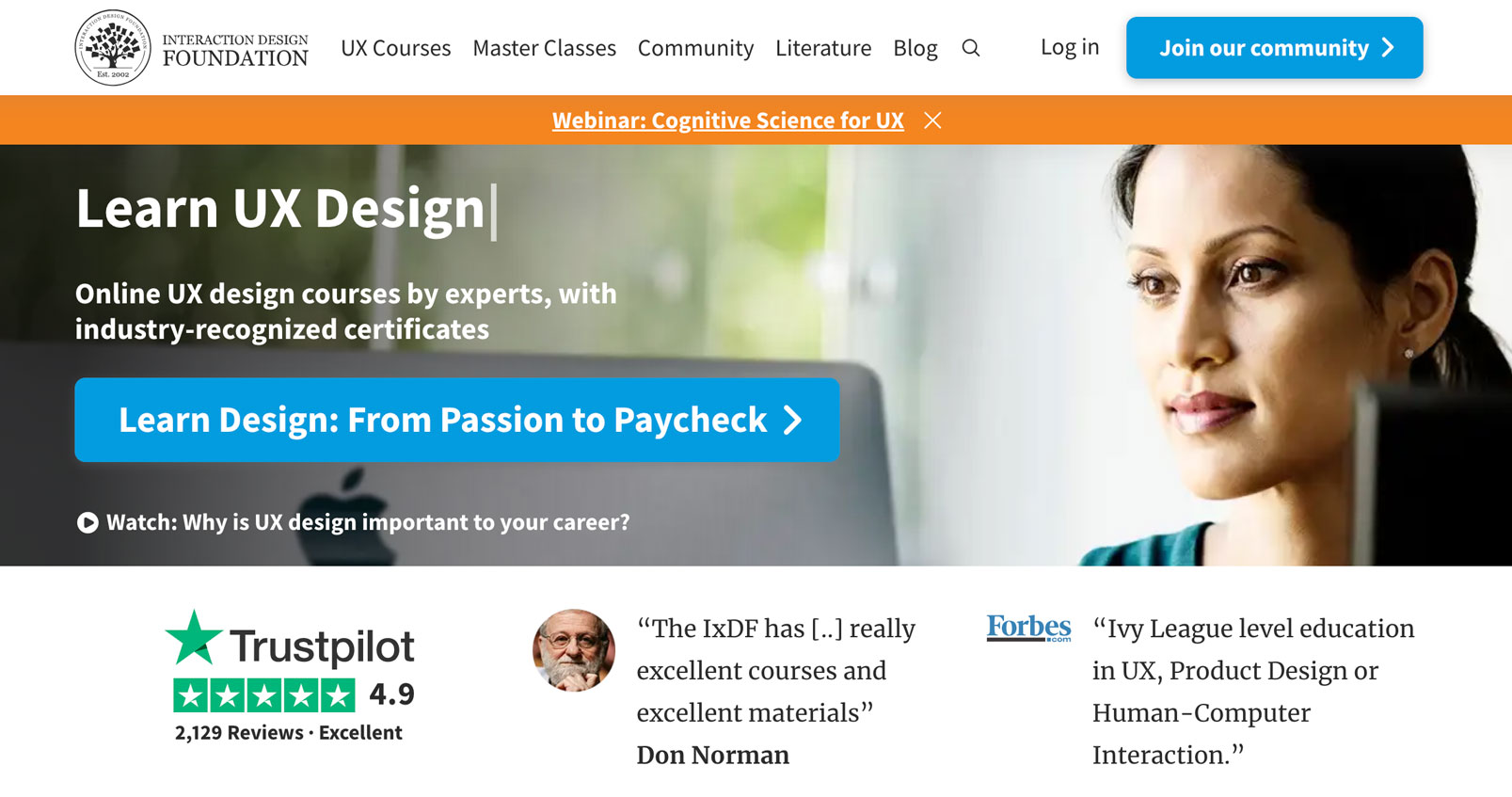 Landing page for IDF's UX design certificate program. 