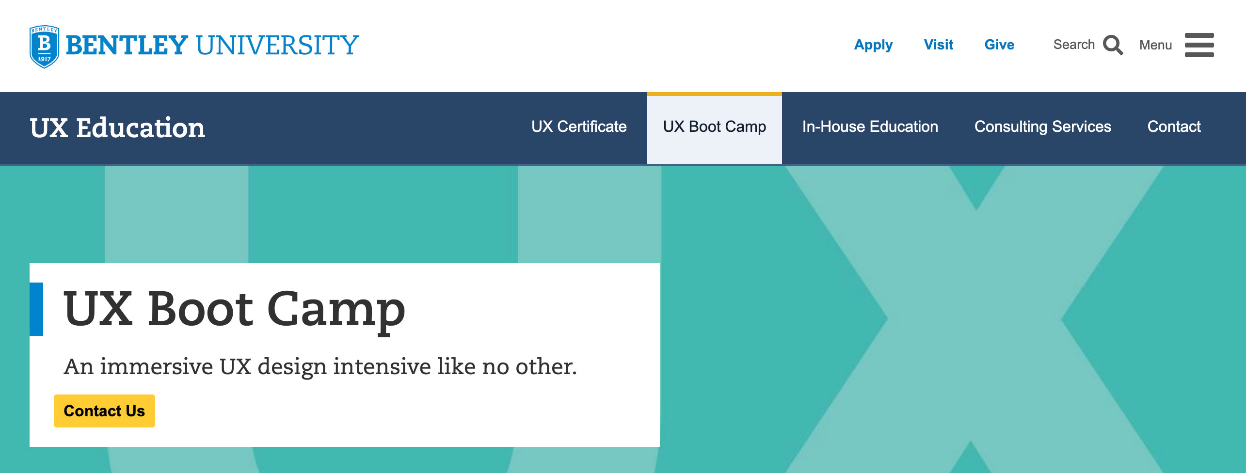 Landing page for Bentley University's UX bootcamp certificate program. 