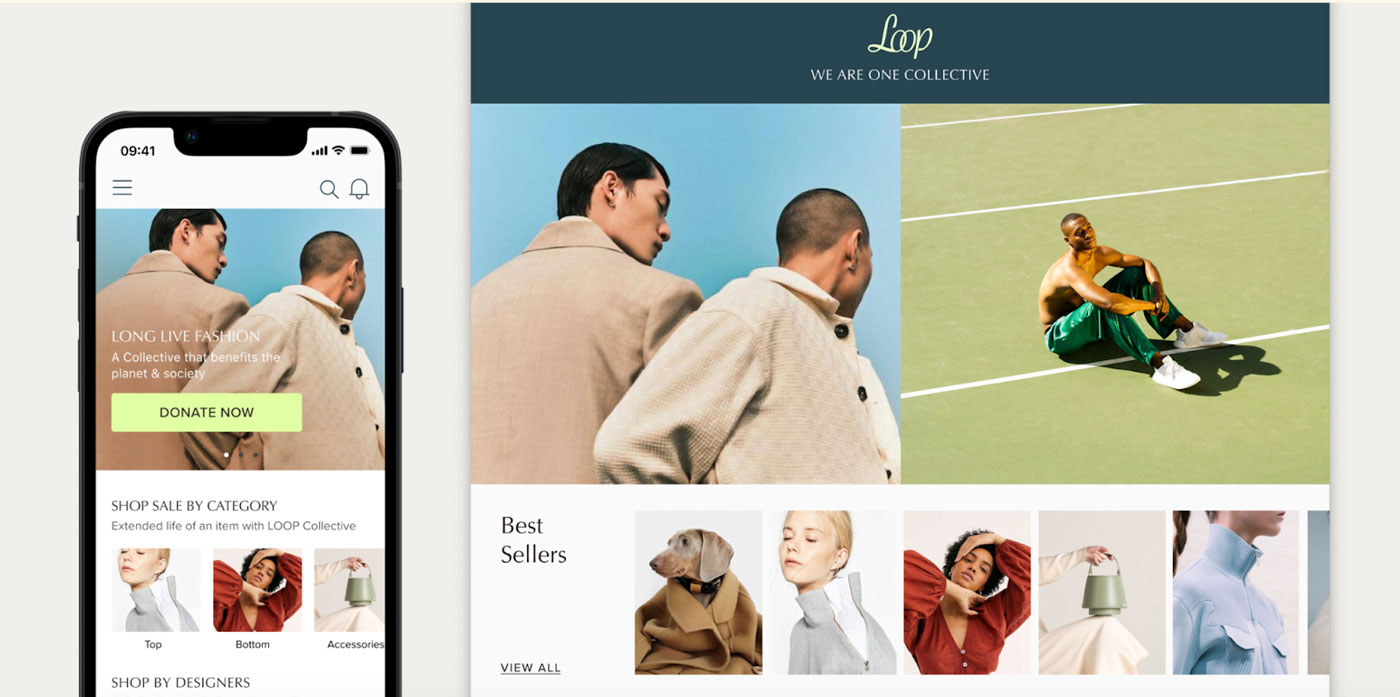 Screens from a responsive design for a clothing app.