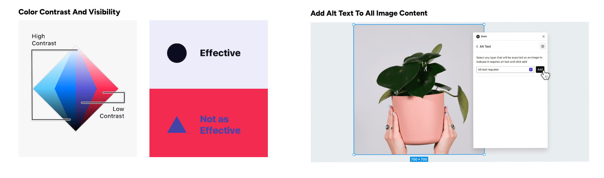 Image giving examples of accessibility considerations in UX, such as designing with color and contrast and adding alt text to images. 