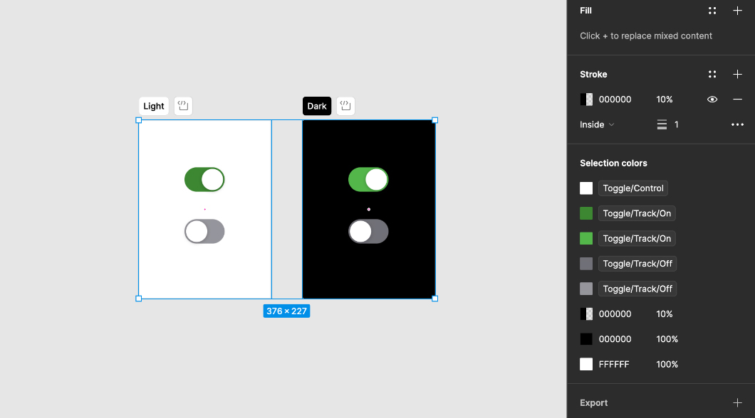 Screenshot of lesson showcasing how to make light and dark mode design components. 