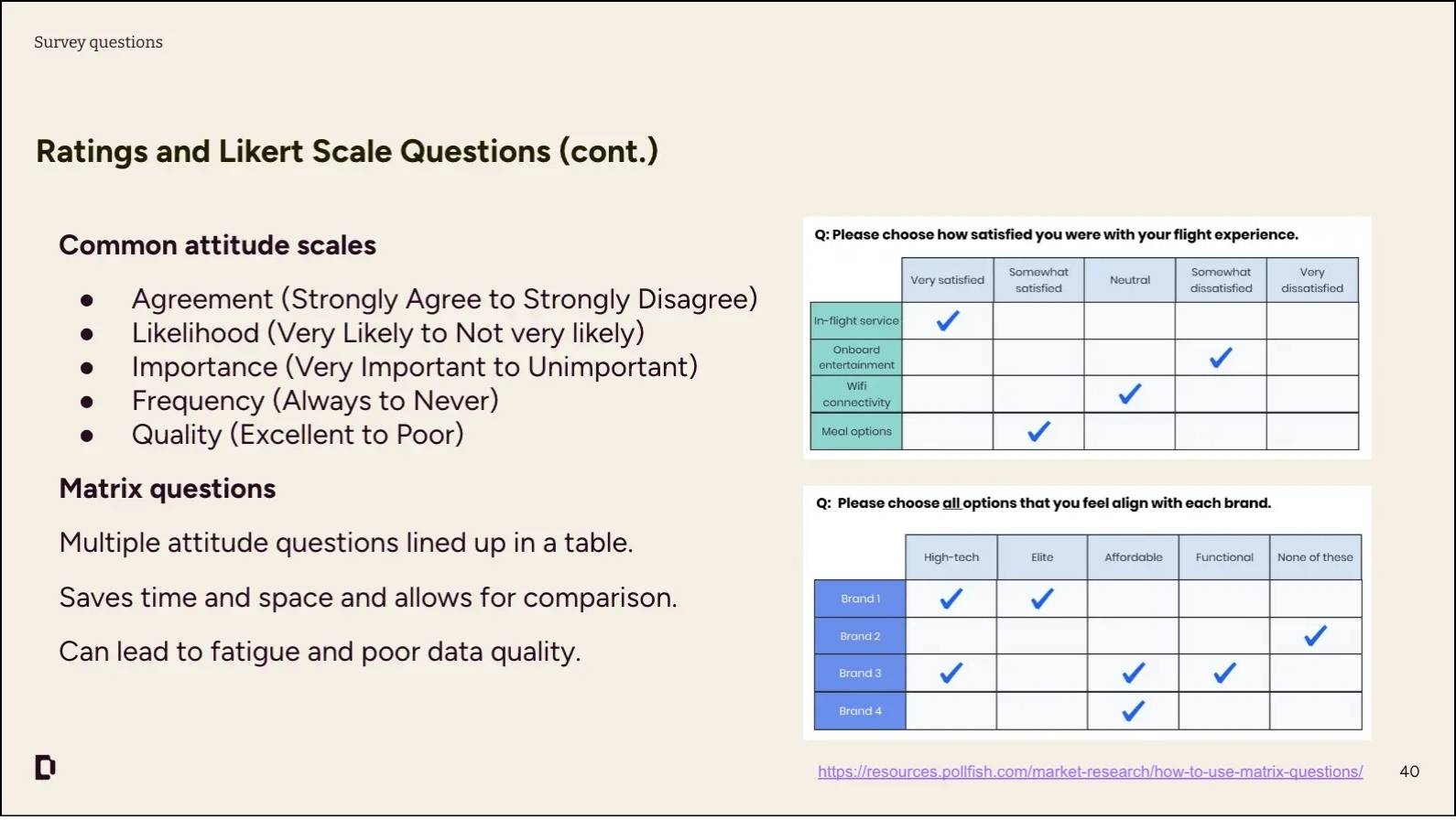 Example of survey question types covered during one of the sessions, including how each type functions in a survey.