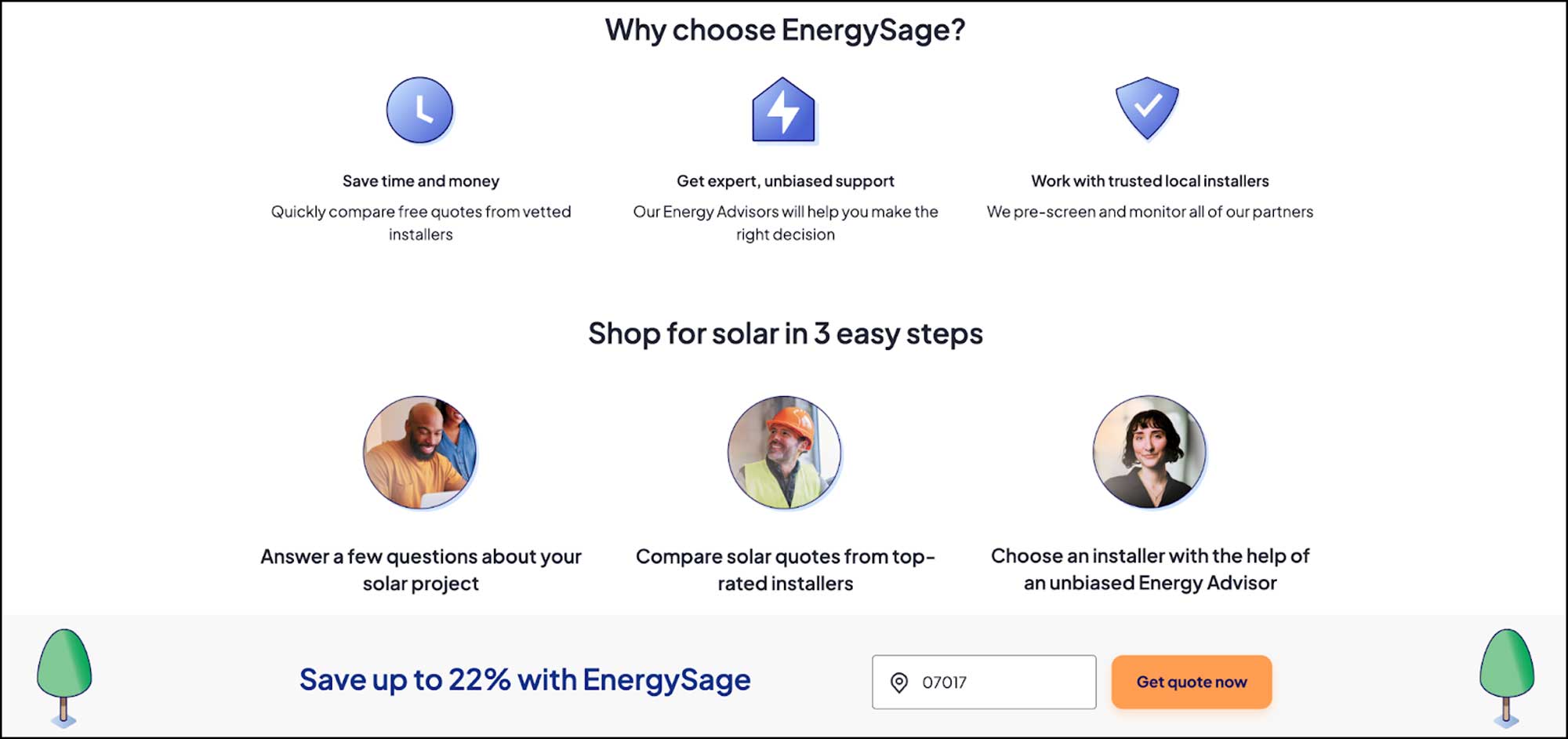 Image of EnergySage's site showcasing how it allows for users to easily compare solar energy providers in their area.