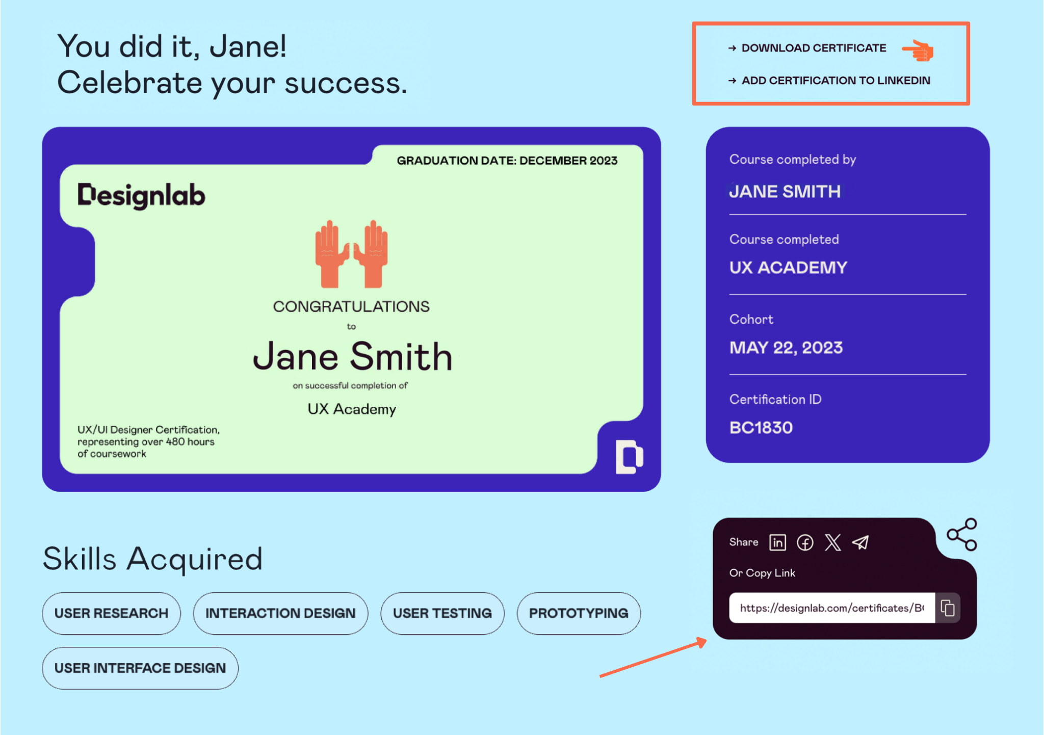 This is a screenshot of the certificate feature at Designlab. 
