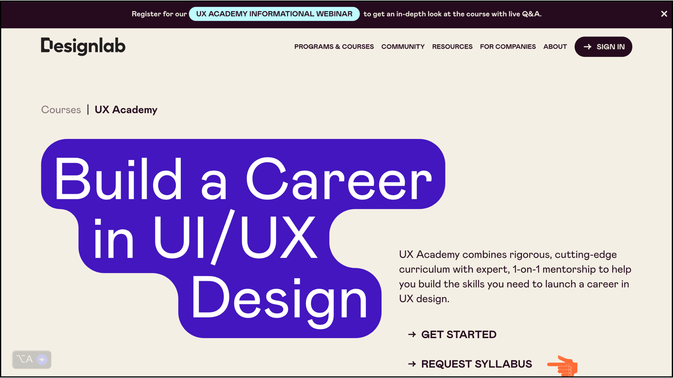 UX Academy webpage